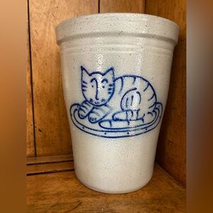 David Eldreth 1995 Stoneware Salt Glazed Folk Art Crock Cat - 6.25” Tall